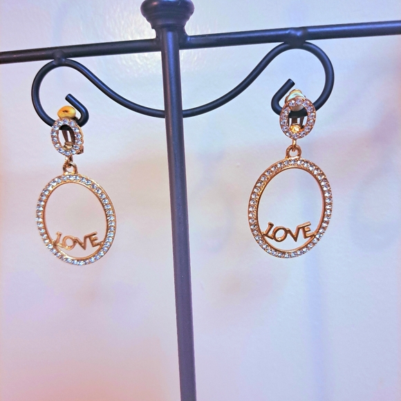 Women's Beautiful "LOVE" Insignia in White & Pink Gold Tone Rhinestone Earrings - Picture 8 of 10